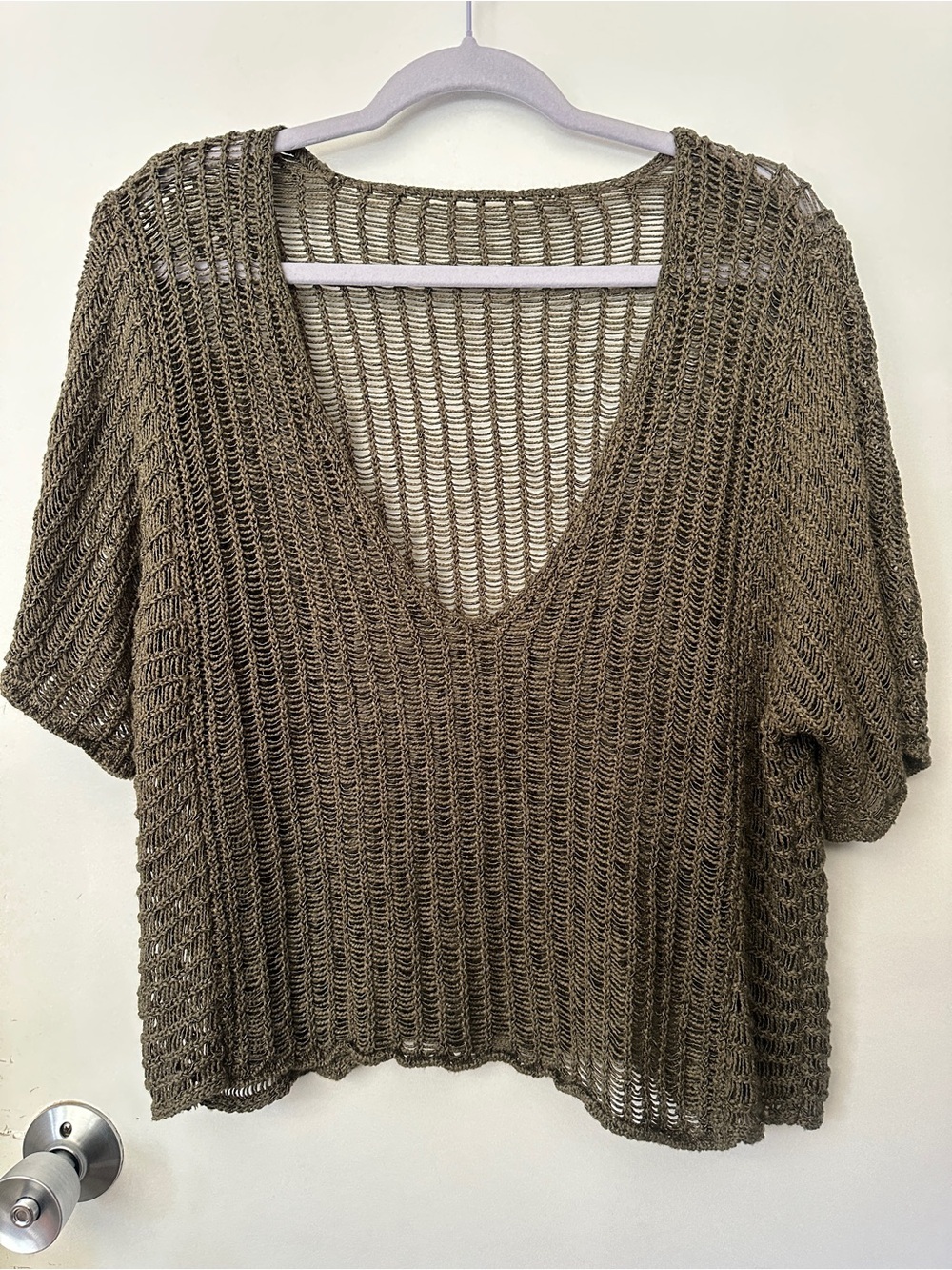 Olive Green Crochet Sweater Womens M L Open Knit V Neck Beach Cover Up - Picture 2 of 6